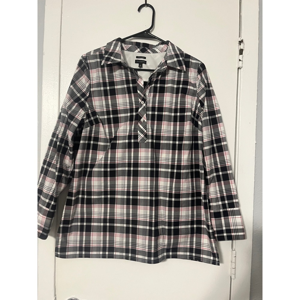 Talbots Womens Black White Red Plaid Wrinkle Resistant Popover Tunic Top Size 10